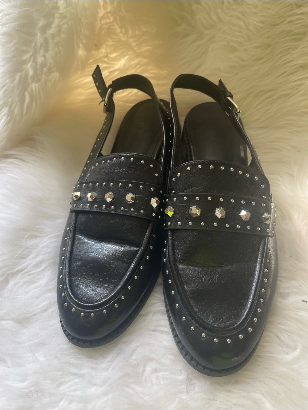 Sophia Taylor synthetic Black silver Studded Slingback Loafers SZ14M